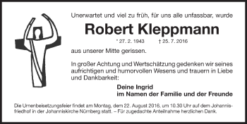 Traueranzeige von Robert Kleppmann von Gesamtausgabe Nürnberger Nachrichten/ Nürnberger Ztg.