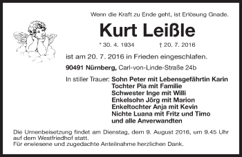 Traueranzeige von Kurt Leißle von Gesamtausgabe Nürnberger Nachrichten/ Nürnberger Ztg.