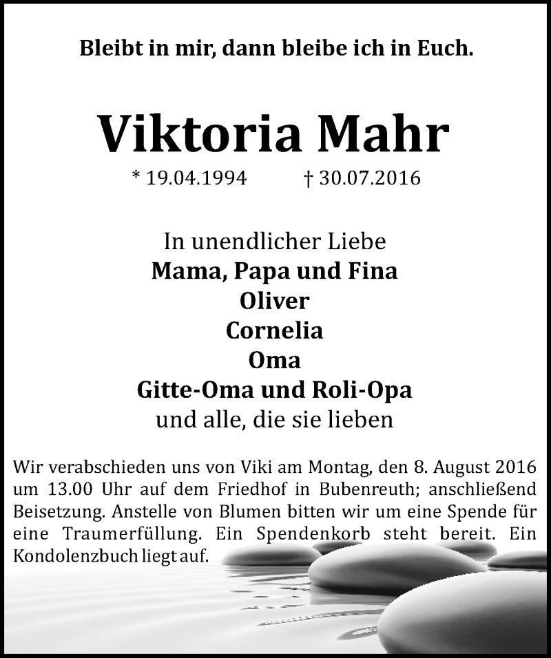  Traueranzeige für Viktoria Mahr vom 05.08.2016 aus Erlanger Nachrichten Lokal