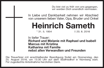 Traueranzeige von Heinrich Sameth von Gesamtausgabe Nürnberger Nachrichten/ Nürnberger Ztg.