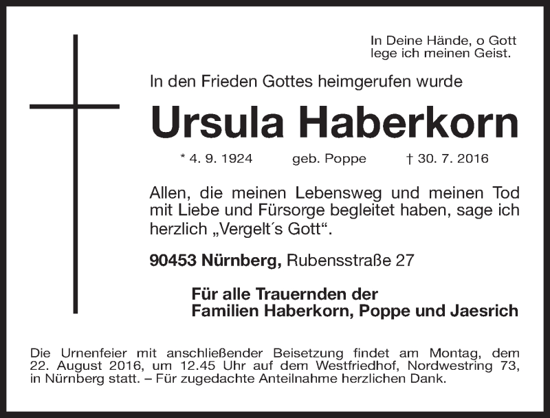  Traueranzeige für Ursula Haberkorn vom 18.08.2016 aus Gesamtausgabe Nürnberger Nachrichten/ Nürnberger Ztg.