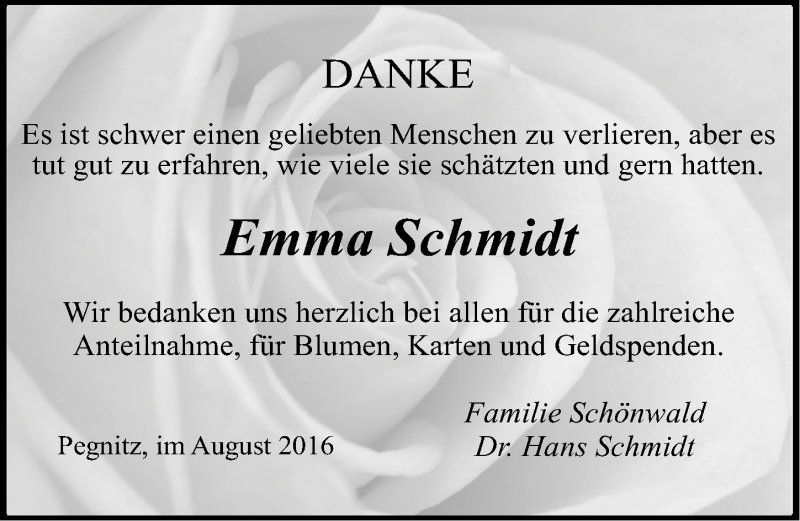  Traueranzeige für Emma Schmidt vom 03.08.2016 aus Nordbayerische Nachrichten Pegnitz Lokal