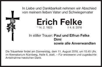 Traueranzeige von Erich Felke von Gesamtausgabe Nürnberger Nachrichten/ Nürnberger Ztg.