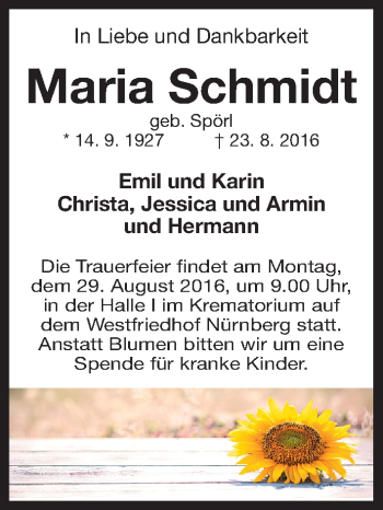 Traueranzeige von Maria Schmidt von Gesamtausgabe Nürnberger Nachrichten/ Nürnberger Ztg.