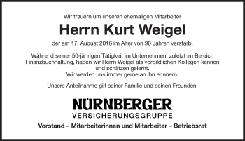 Traueranzeige von Kurt Weigel von Gesamtausgabe Nürnberger Nachrichten/ Nürnberger Ztg.
