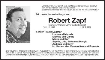 Traueranzeige von Robert Zapf von Gesamtausgabe Nürnberger Nachrichten/ Nürnberger Ztg.
