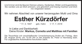 Traueranzeige von Esther Kürzdörfer von Gesamtausgabe Nürnberger Nachrichten/ Nürnberger Ztg.