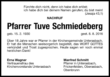 Traueranzeige von Tuve Schmiedeberg von Altmühl-Bote Lokal