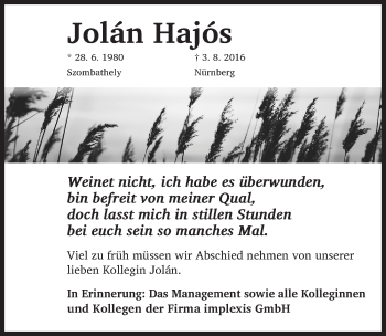 Traueranzeige von Jolan Hajos von Gesamtausgabe Nürnberger Nachrichten/ Nürnberger Ztg.