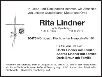 Traueranzeige von Rita Lindner von Gesamtausgabe Nürnberger Nachrichten/ Nürnberger Ztg.