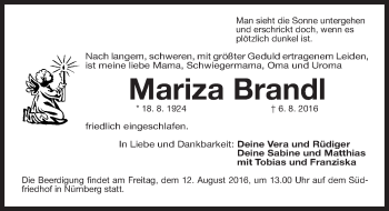 Traueranzeige von Mariza Brandl von Gesamtausgabe Nürnberger Nachrichten/ Nürnberger Ztg.