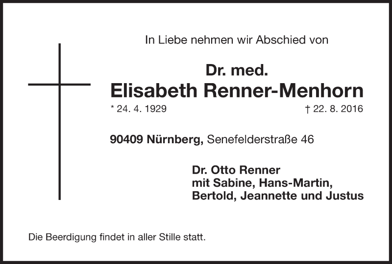  Traueranzeige für Elisabeth Renner-Menhorn vom 27.08.2016 aus Gesamtausgabe Nürnberger Nachrichten/ Nürnberger Ztg.