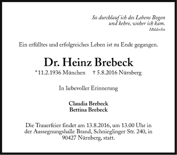 Traueranzeige von Heinz Brebeck von Gesamtausgabe Nürnberger Nachrichten/ Nürnberger Ztg.