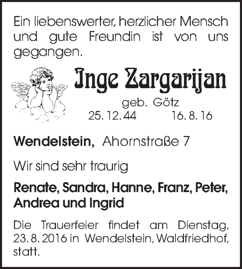  Traueranzeige für Inge Zargarijan vom 22.08.2016 aus Gesamtausgabe Nürnberger Nachrichten/ Nürnberger Ztg.