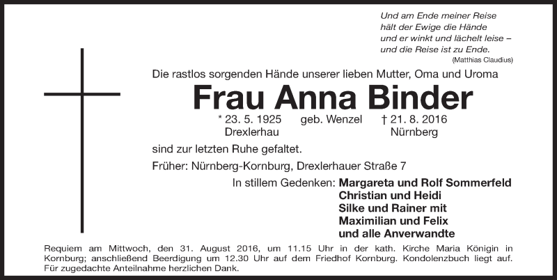  Traueranzeige für Anna Binder vom 27.08.2016 aus Gesamtausgabe Nürnberger Nachrichten/ Nürnberger Ztg.