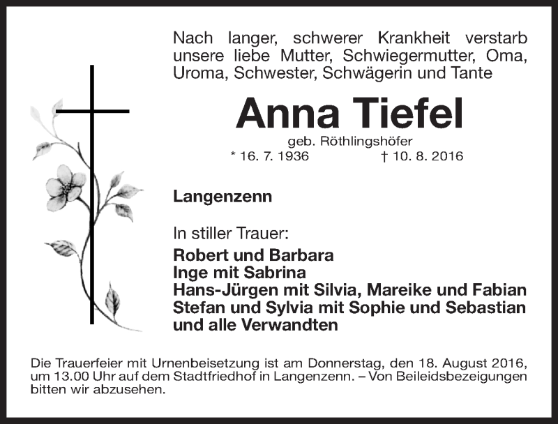  Traueranzeige für Anna Tiefel vom 13.08.2016 aus Fürther Nachrichten Lokal