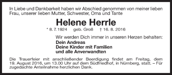 Traueranzeige von Helene Herrle von Gesamtausgabe Nürnberger Nachrichten/ Nürnberger Ztg.