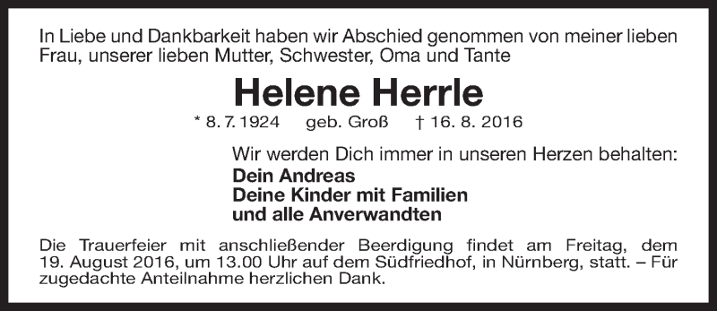  Traueranzeige für Helene Herrle vom 18.08.2016 aus Gesamtausgabe Nürnberger Nachrichten/ Nürnberger Ztg.