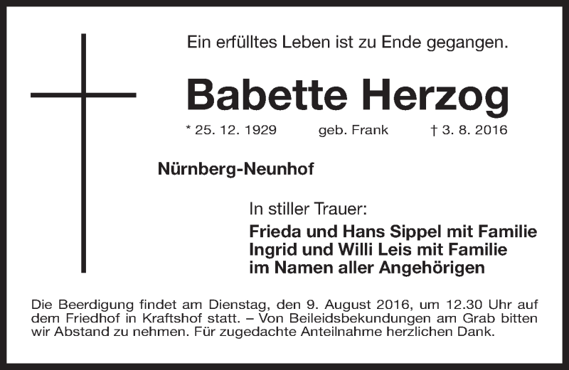  Traueranzeige für Babette Herzog vom 06.08.2016 aus Gesamtausgabe Nürnberger Nachrichten/ Nürnberger Ztg.