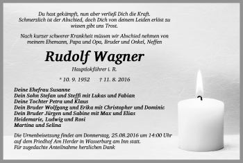 Traueranzeige von Rudolf Wagner von Gesamtausgabe Nürnberger Nachrichten/ Nürnberger Ztg.
