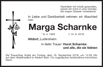 Traueranzeige von Marga Scharnke von Gesamtausgabe Nürnberger Nachrichten/ Nürnberger Ztg.