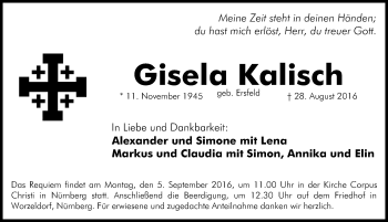 Traueranzeige von Gisela Kalisch von Gesamtausgabe Nürnberger Nachrichten/ Nürnberger Ztg.