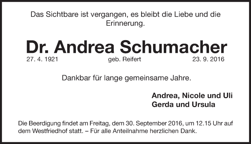  Traueranzeige für Andrea Schumacher vom 28.09.2016 aus Gesamtausgabe Nürnberger Nachrichten/ Nürnberger Ztg.