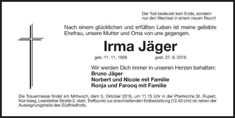  Traueranzeige für Irma Jäger vom 01.10.2016 aus Gesamtausgabe Nürnberger Nachrichten/ Nürnberger Ztg.