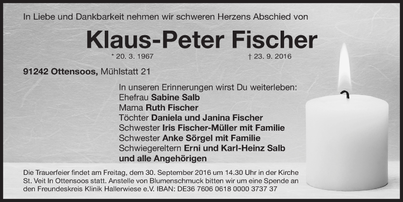  Traueranzeige für Klaus-Peter Fischer vom 27.09.2016 aus Gesamtausgabe Nürnberger Nachrichten/ Nürnberger Ztg.