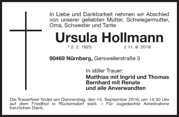 Traueranzeige von Ursula Hollmann von Roth-Hilpoltsteiner Volkszeitung Lokal