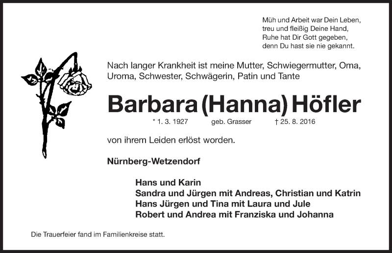  Traueranzeige für Barbara Hanna Höfler vom 03.09.2016 aus Gesamtausgabe Nürnberger Nachrichten/ Nürnberger Ztg.