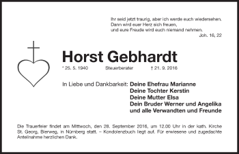 Traueranzeige von Horst Gebhardt von Gesamtausgabe Nürnberger Nachrichten/ Nürnberger Ztg.