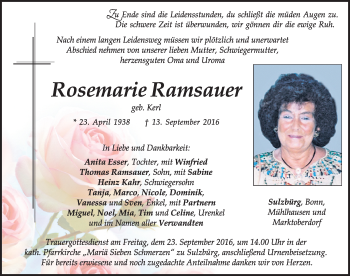 Traueranzeige von Rosemarie Ramsauer von Neumarkter Nachrichten Lokal