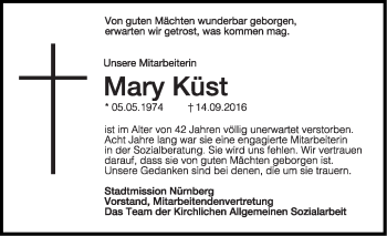 Traueranzeige von Mary Küst von Gesamtausgabe Nürnberger Nachrichten/ Nürnberger Ztg.