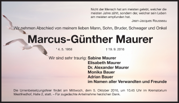 Traueranzeige von Marcus-Günther Maurer von Gesamtausgabe Nürnberger Nachrichten/ Nürnberger Ztg.