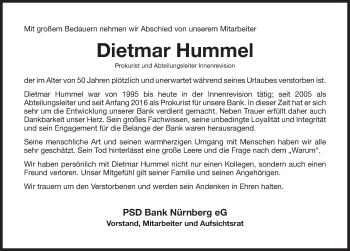 Traueranzeige von Dietmar Hummel von Gesamtausgabe Nürnberger Nachrichten/ Nürnberger Ztg.