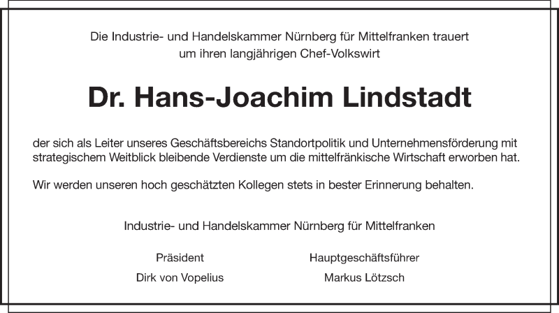  Traueranzeige für Hans-Joachim Lindstadt vom 21.09.2016 aus Gesamtausgabe Nürnberger Nachrichten/ Nürnberger Ztg.