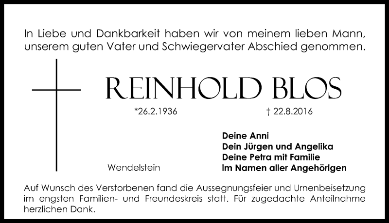  Traueranzeige für Reinhold Blos vom 10.09.2016 aus Schwabach