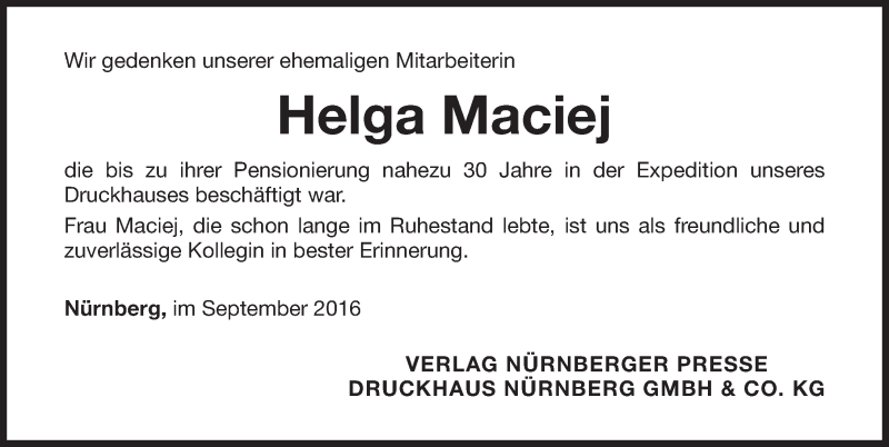  Traueranzeige für Helga Maciej vom 14.09.2016 aus Gesamtausgabe Nürnberger Nachrichten/ Nürnberger Ztg.