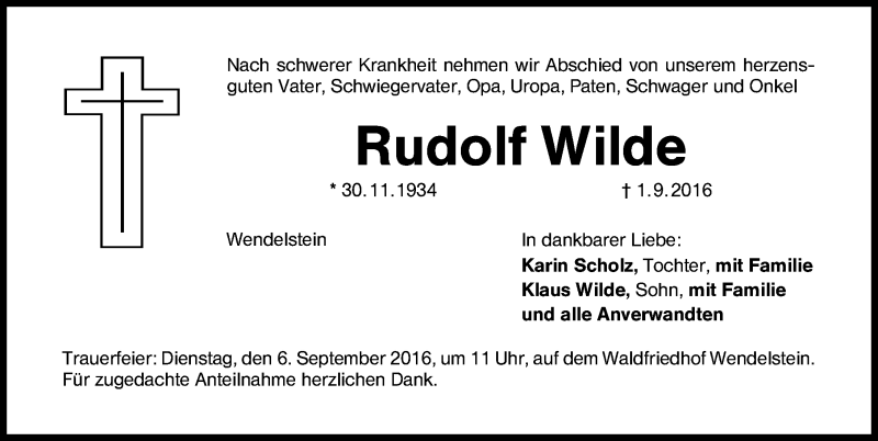  Traueranzeige für Rudolf Wilde vom 03.09.2016 aus Schwabach