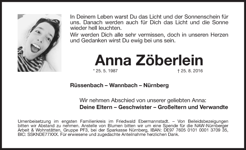  Traueranzeige für Anna Zöberlein vom 03.09.2016 aus Nordbayerische Nachrichten Forchheim Lokal