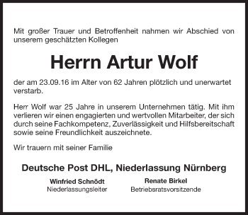 Traueranzeige von Artur Wolf von Gesamtausgabe Nürnberger Nachrichten/ Nürnberger Ztg.