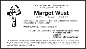 Traueranzeige von Margot Wust von Gesamtausgabe Nürnberger Nachrichten/ Nürnberger Ztg.