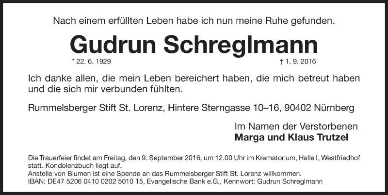  Traueranzeige für Gudrun Schreglmann vom 03.09.2016 aus Gesamtausgabe Nürnberger Nachrichten/ Nürnberger Ztg.