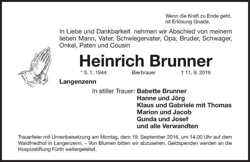  Traueranzeige für Heinrich Brunner vom 15.09.2016 aus Fürther Nachrichten Lokal