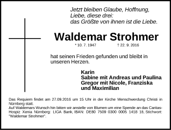Traueranzeige von Waldemar Strohmer von Gesamtausgabe Nürnberger Nachrichten/ Nürnberger Ztg.