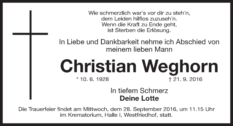  Traueranzeige für Christian Weghorn vom 24.09.2016 aus Gesamtausgabe Nürnberger Nachrichten/ Nürnberger Ztg.