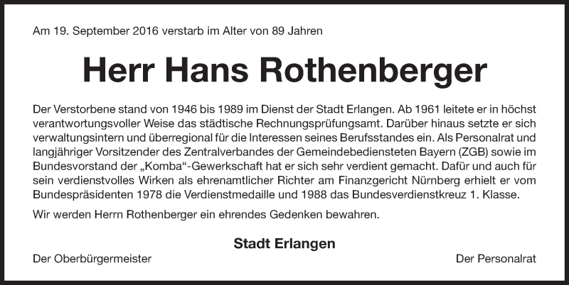  Traueranzeige für Hans Rothenberger vom 21.09.2016 aus Erlanger Nachrichten Lokal