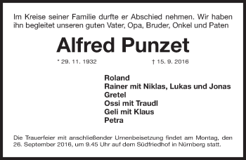 Traueranzeige von Alfred Punzet von Gesamtausgabe Nürnberger Nachrichten/ Nürnberger Ztg.