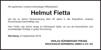 Traueranzeige von Helmut Fietta von Gesamtausgabe Nürnberger Nachrichten/ Nürnberger Ztg.